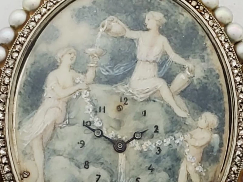 1850-Fernand Paillet - Collana con ciondolo e orologio in platino, perla naturale, diamante dipinto a mano